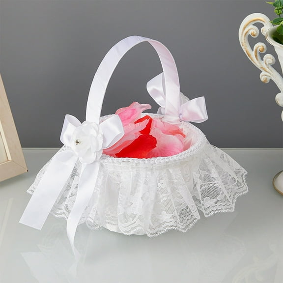Western Lace Flower Girl Basket White Bow Wedding Decoration Portable Petal Basket for Bridal Ceremony Christening Photo Props