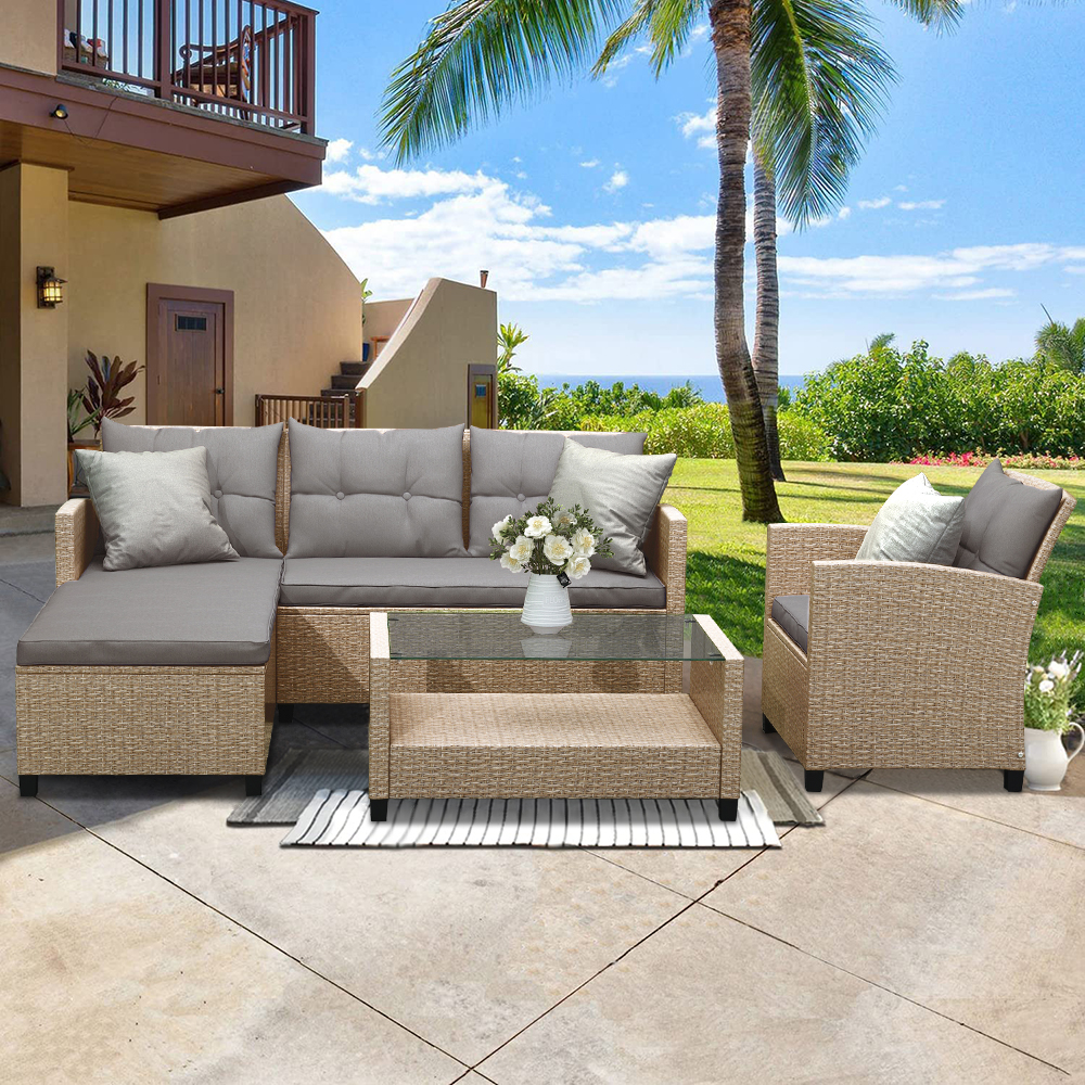 Clearance! Wicker Patio Sets, 4 Piece Patio Furniture Sets with Loveseat Sofa, Lounge Chair, Wicker Chair, Coffee Table, All-Weather Patio Conversation Set with Cushions for Backyard, Garden, L4978 - image 1 of 11