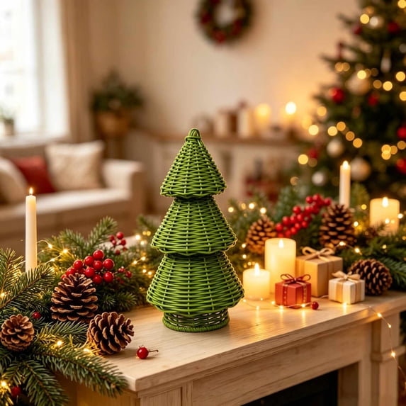 Clearance Wicker Rattan Christmas Tree, Hand Woven Christmas Tree, Christmas Decoration Gift for Mantel Fireplace Home (Green)