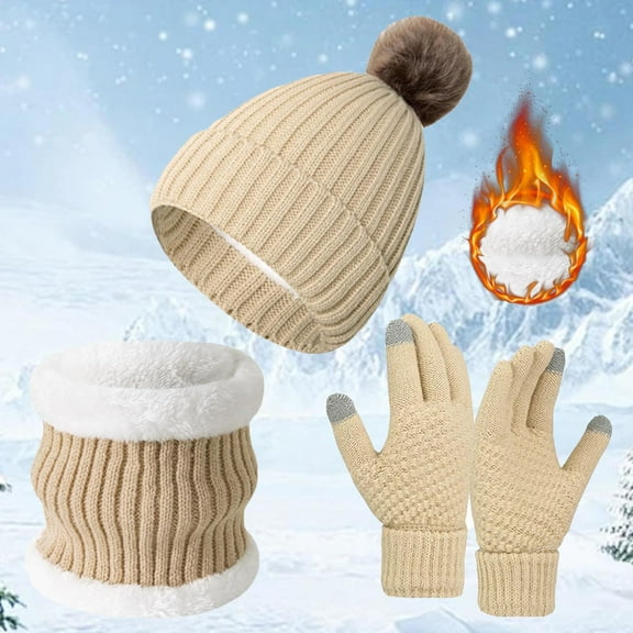 Winter Gloves Women Winter Scarf 3 Pcs Winter Hat Scarf and Gloves Set for Women Warm Knit Fleece Lined Neck Warmer Touchscreen Gloves Womens Winter Hat