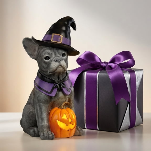 Clearance! Witch Dog Halloween Decor, Glowing French Bulldog Pumpkin Statue for Patio, Garden Decor, Halloween Gift