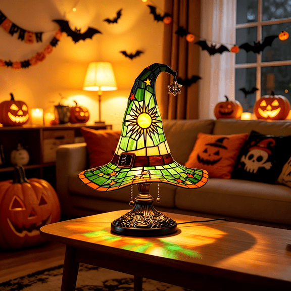 Clearance Witch Hat Lamp, Early Halloween Decorations Indoor Stained Glass Resin Wizard Hat Light Gothic Table Lamp Spooky Decorative Standing Lights Haunted Wiccan Gifts for Halloween, Bedroom(A)