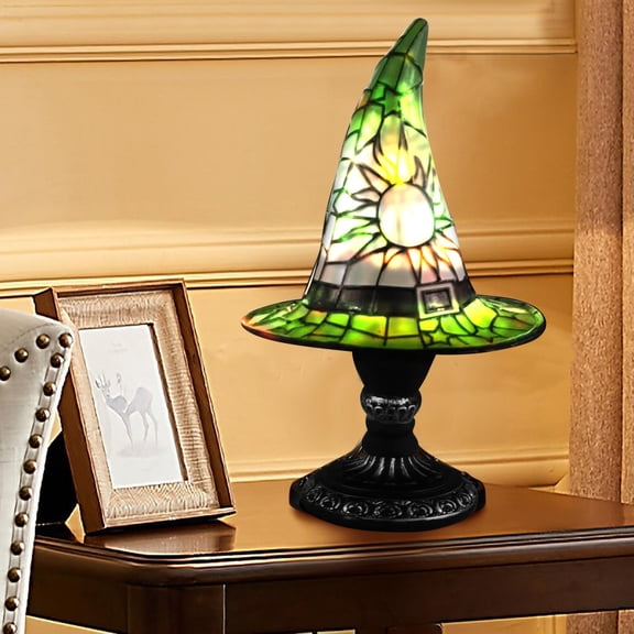 Clearance Witch Hat Lamp, Halloween Decorations Gifts,Stained Glass Like Handcrafted Retro Resin Wizard Hat Table Lamp, USB Powered Gothic Decor Night Light for Bedroom, Bookshelf & Halloween Party