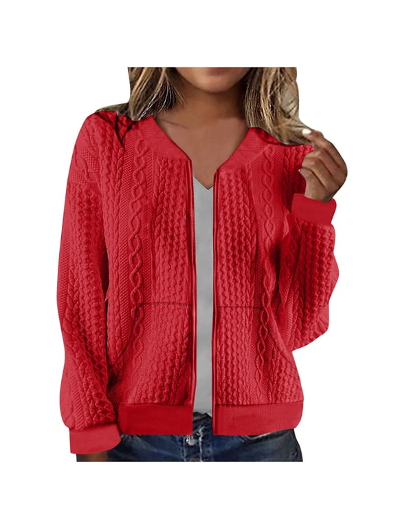 Women Bomber Jacket Full Zip Up Coat with Pockets Long Sleeve Casual Solid Cropped Outerwear (2XL, Red)