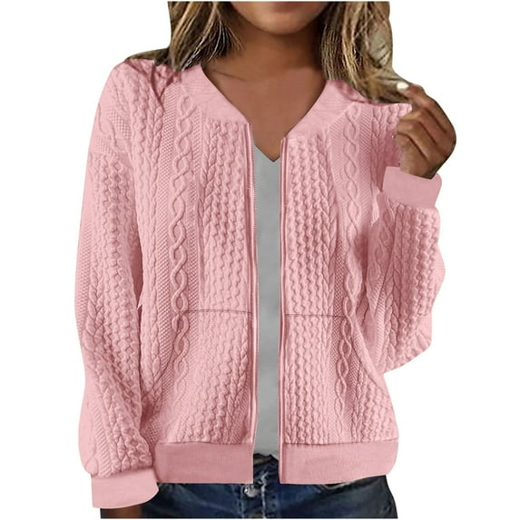 Women Bomber Jacket Full Zip Up Coat with Pockets Long Sleeve Casual Solid Cropped Outerwear (L, Pink)