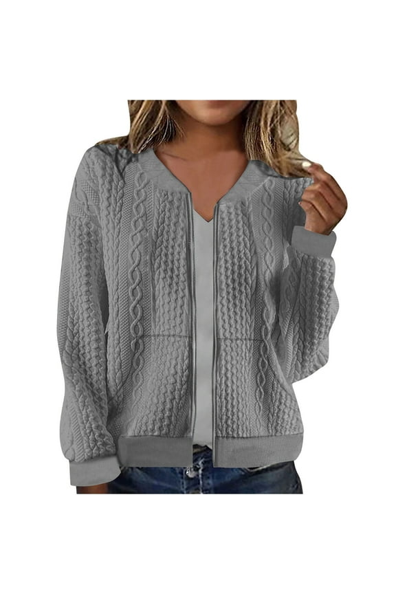 Women Bomber Jacket Full Zip Up Coat with Pockets Long Sleeve Casual Solid Cropped Outerwear (M, Gray)