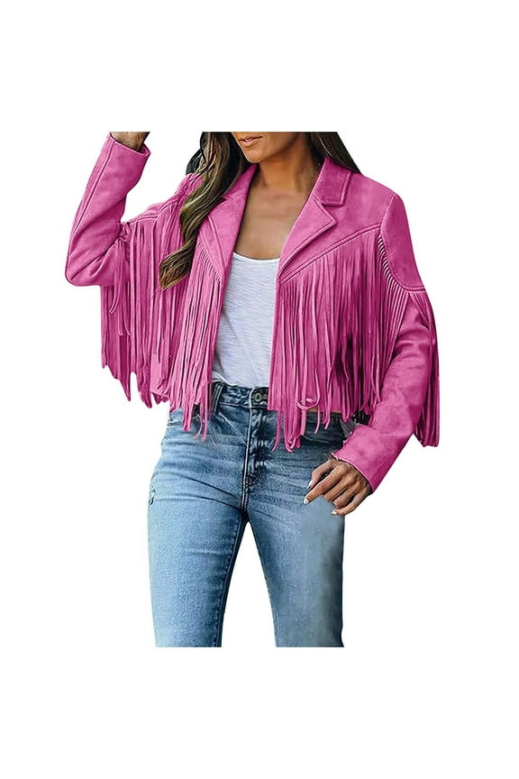 Clearance! Women Cardigan Blazer Tassel Fringe Faux Suede Leather Moto Jacket Womens Chic Cropped Coat Vintage Hippie Biker Jacket Tops Cowboy Cardigan Casual Gothic Punk Streetwear