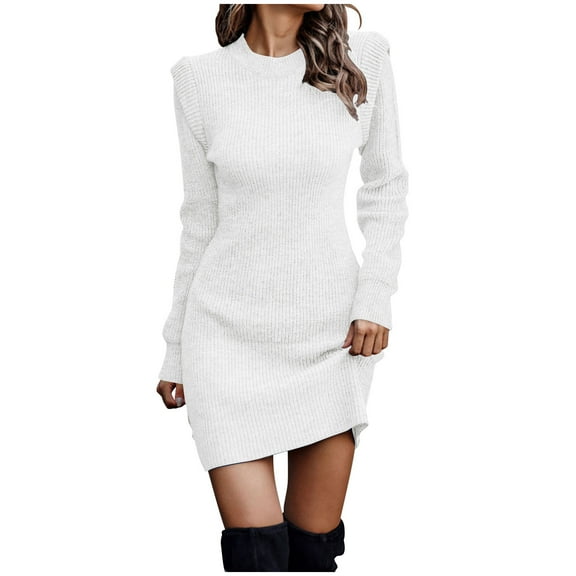 Women Casual Sleeve Solid Waist Round Neck Slimming Knitting Hip Wrap Dresses