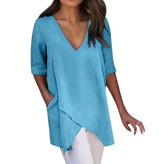 Women Casual Solid Irregular Deep V-Neck Short Sleeve Pockets Relax Fit Top Blouse Round Neck Ruffles Hem Casual Relax Fit Tops Comfort Colors Tshirt 4- Blue