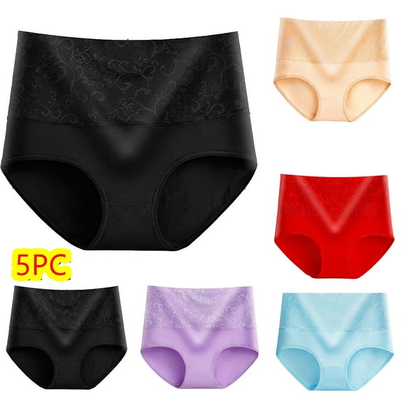 ,Women Cotton High Waisted Underwear Stretch Tummy Control Panties Lace Jacquard Full Coverage Postpartum Briefs 5 Pack