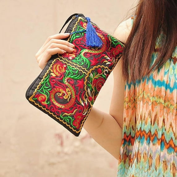 Clearance!Women Handbag Wristlet Zip Top Handbag Retro Boho Ethnic Embroidered Wristlet Clutch Bag Handmade Purse Wallet Storage Bags