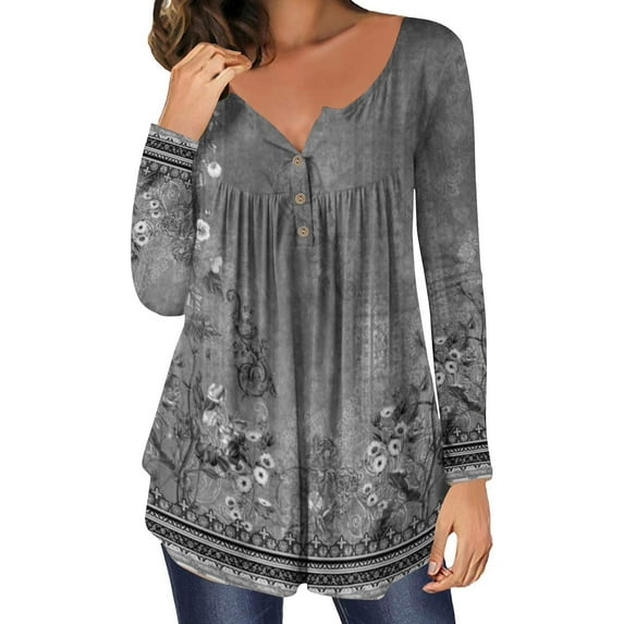 Clearance! Women Henley Shirt Long Length Tunic Tops Long Sleeve Vintage Retro Blouse Floral Elegant Party Floaty Swing Top Shirts Loose Fit Oversized Pullover Tops Plus Size