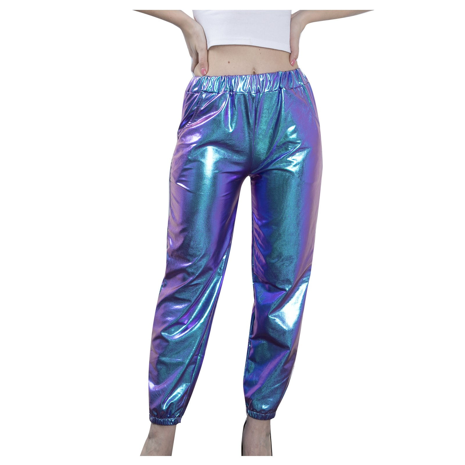 Clearance Women Metallic Shiny Pants 70s 80s Disco Punk Trousers Low Rise  Straight Leg Harem Pants Hip Hop Club Party Pant Pocket