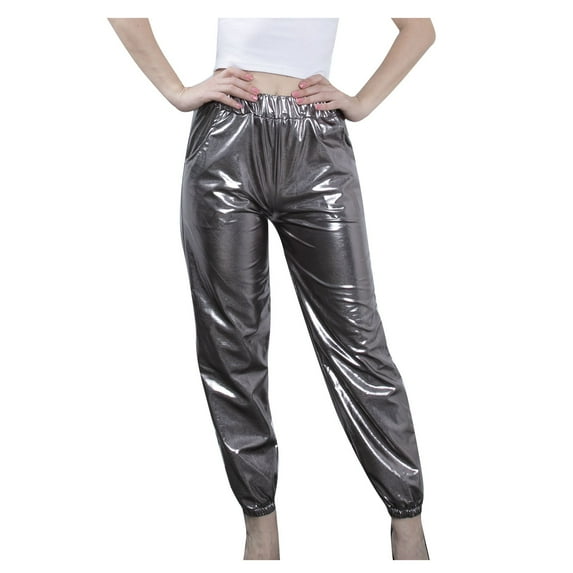Clearance Women Metallic Shiny Pants 70s 80s Disco Punk Trousers Low Rise Straight Leg Harem Pants Hip Hop Club Party Pant Pocket