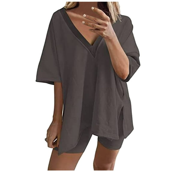 Clearance Women Sets 2 Piece Outfits Casual V Neck Short Sleeve Side Split Loose Tops with Shorts Solid Color Summer Loungewear Sets(X-Large,Dark Gray A)