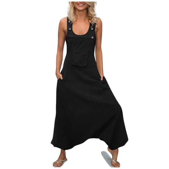 Women Sleeveless Dungarees Loose Cotton Long Playsuit Jumpsuit Pants Trousers Black XL
