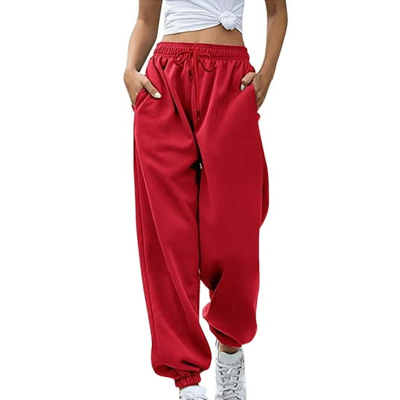 Women Sport Pants Solid Color Elastic High Waisted Sweatpant Comfy Trousers Lightweight Joggers Pants with Pockets