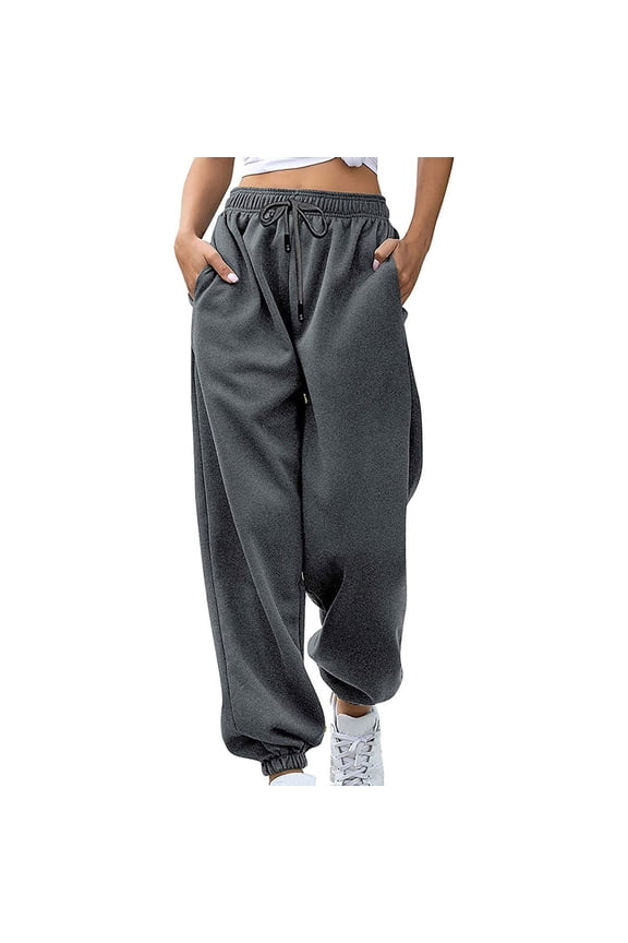 Women Sport Pants Solid Color Elastic High Waisted Sweatpant Comfy Trousers Lightweight Joggers Pants with Pockets