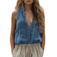 thumbnail image 1 of Clearance! Women Spring V Neck Pocket Sleeveless Cotton Linen Casual Vest XXL Size Blue, 1 of 6