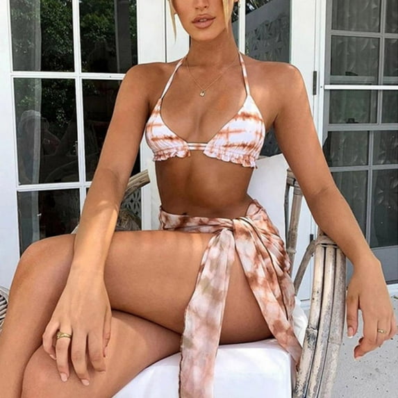 Clearance Women Tie Dye Swimsuit Bikini 3 Piece Spaghetti Strap Top Thong Swimsuit Bathing Suit Swimwear S-L