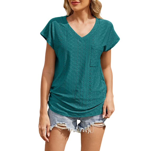 Women V Neck Pocket Short Sleeve Loose Fit Breathable Casual Tee Top M Size Green