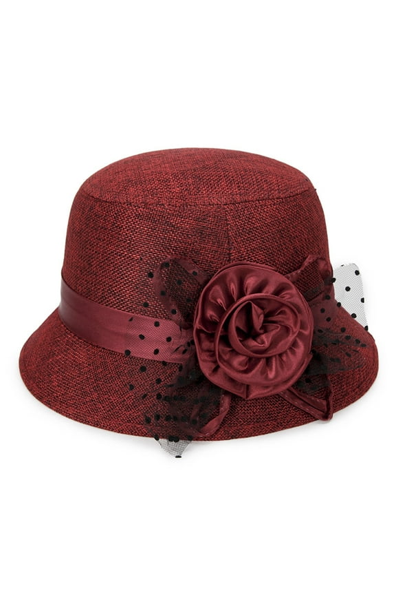 Clearance! Women Vintage Floral Bucket Cloche Bowler Hat for Church Wedding Party Winter Felt Fedoras Red