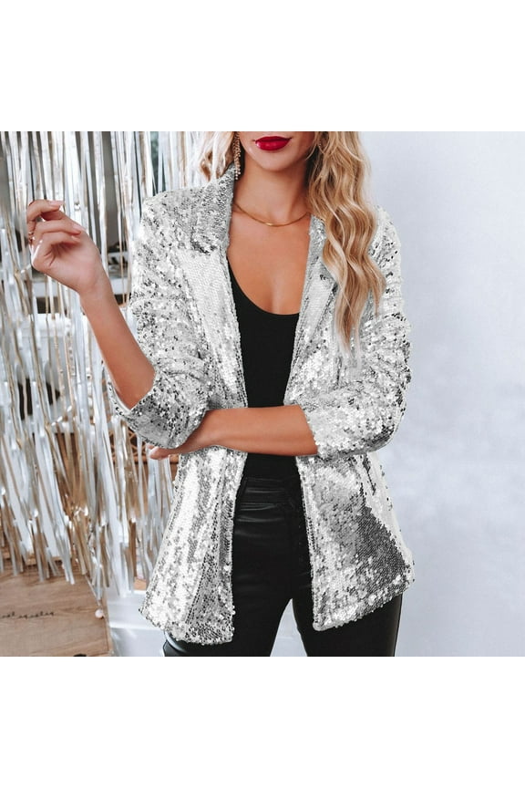 Women's Aviator Jackets Lightweight Shirt Jacket Coat Women Sequins Blazer Sequin Jacket Casual Long Sleeve Glitter Party Shiny Lapel Rave Outerwear Coat Long Sleeve Jacket with Pockets