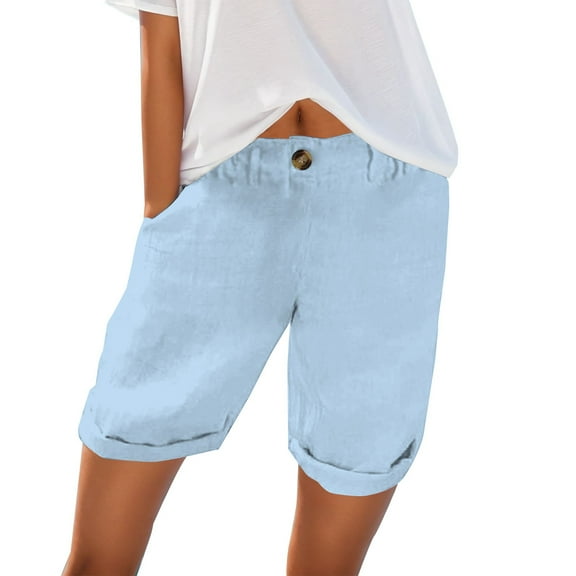 Clearance! Women's Bermuda Shorts 2025 Summer High Waisted Pocket Shorts Plus Size Business Casual Dressy Shorts Blue L Size