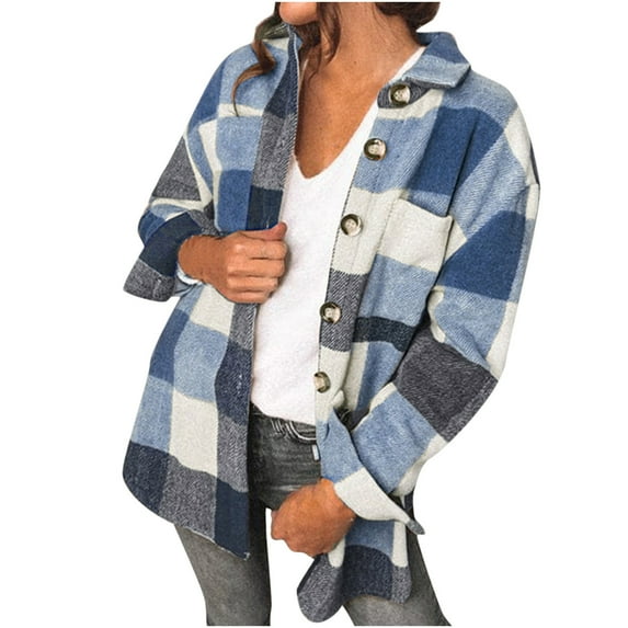 Clearance Women's Brushed Plaid Shirts Long Sleeve Flannel Lapel Button Down Cardigan Boyfriend Shacket Jacket Coats