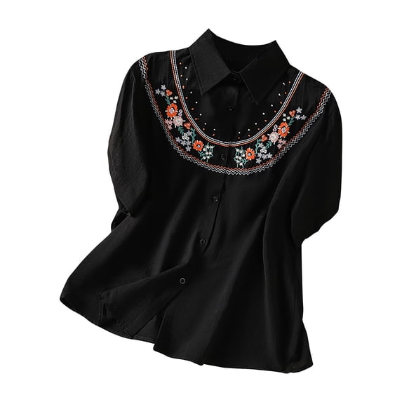Clearance Women's Button Down Blouses Fashion Collared Embroidered Short Sleeve Shirts Linen Loose Casual Summer Work Tops, Black, Free Size