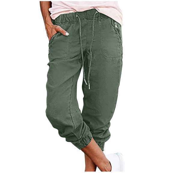 Clearance! Women's Capri Pants 2025 Trendy Drawstring Elastic Waist Cargo Pants Loose Casual Comfy Zip Pocket Sweatpants Green S Size