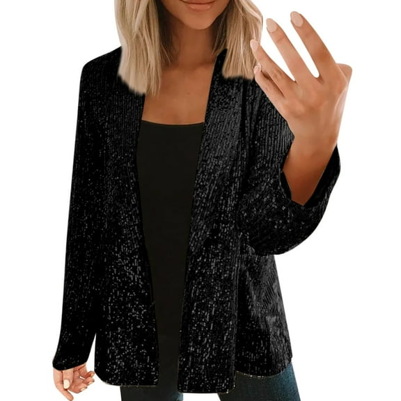 Women's Cardigan Jacket Lightweight Crew Neck Cardigan Women Sequins Jacket Casual Long Sleeve Glitter Party Shiny Lapel Rave Outerwear Jacket with Pocket Fashion Sweater Jackets