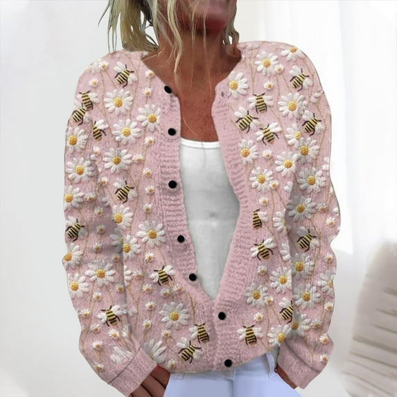 Women's Cardigan Jacket Lightweight Crew Neck Cardigan Women's Fashion Casual Floral Print Knitted Button Cardigan Jacket Fashion Sweater Jackets