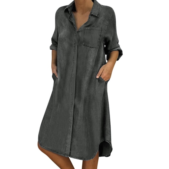 Clothing Women's Casual Dress,Solid V Pocket Dress Long Sleeve Button Loose Denim Casual Women Dress Neck Women's Casual Dress