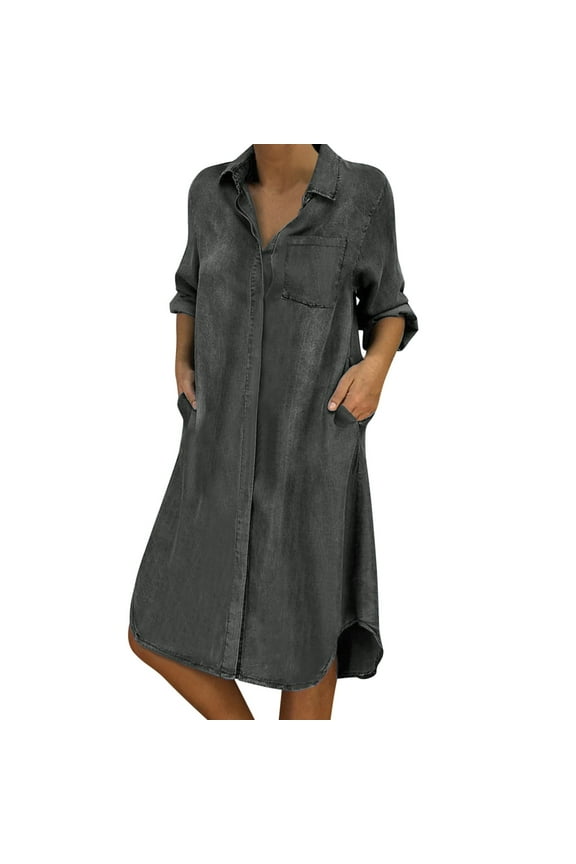 Clothing Women's Casual Dress,Solid V Pocket Dress Long Sleeve Button Loose Denim Casual Women Dress Neck Women's Casual Dress