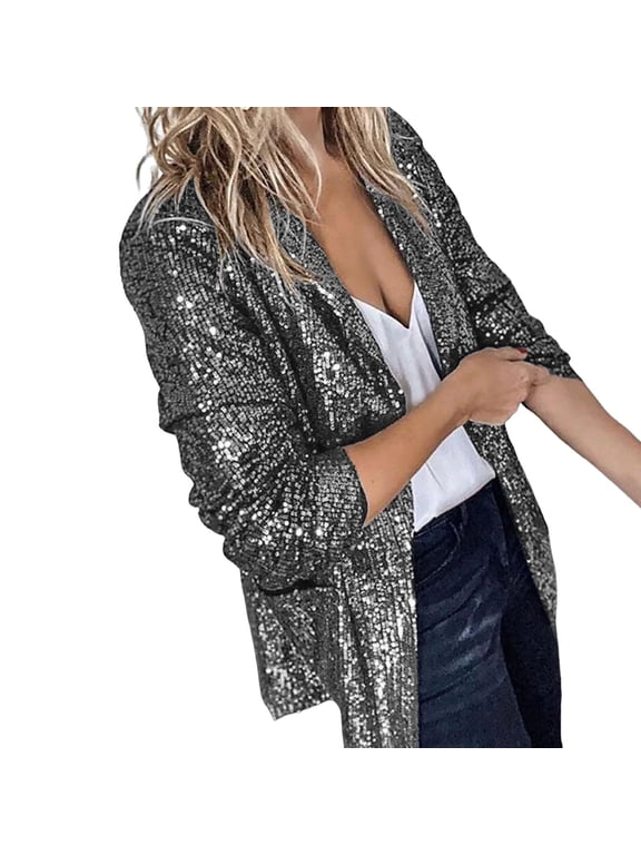 2025 Women's Casual Jackets,Women Sequins Jacket Casual Long Sleeve Glitter Party Shiny Lapel Rave Outerwear Jacket