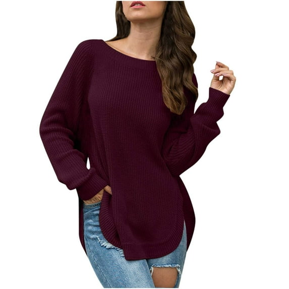 Clearance Women's Casual Loose Crochet Sweaters Round Neck Long Sleeve Solid Color Knit Tops Drop Shoulder Pullover Jumper Fall 2023