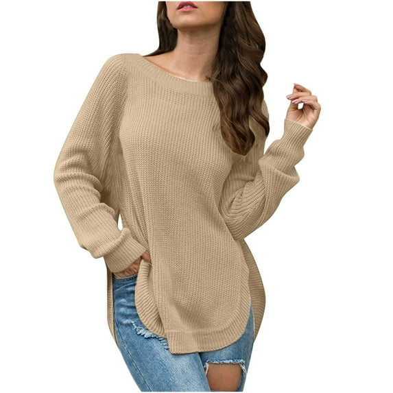 Clearance Women's Casual Loose Crochet Sweaters Round Neck Long Sleeve Solid Color Knit Tops Drop Shoulder Pullover Jumper Fall 2024