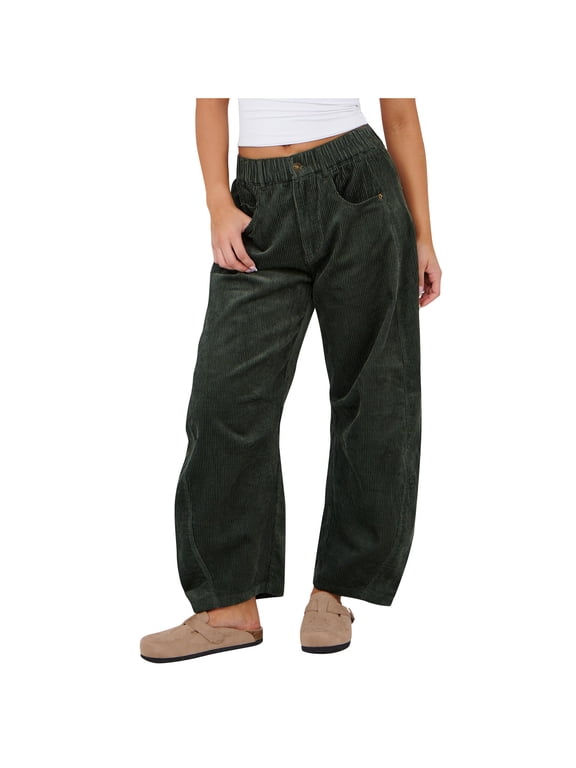 Womens Vintage Corduroy Mid-Rise Barrel Pants Elastic Waist Wide Leg Baggy Pants Trendy Casual Trouser