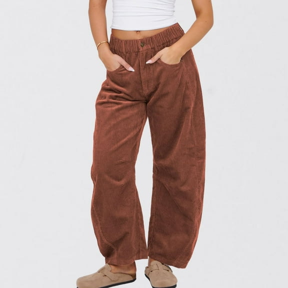 Womens Vintage Corduroy Mid-Rise Barrel Pants Elastic Waist Wide Leg Baggy Pants Trendy Casual Trouser
