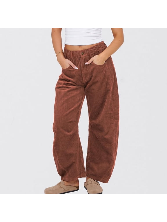 Womens Vintage Corduroy Mid-Rise Barrel Pants Elastic Waist Wide Leg Baggy Pants Trendy Casual Trouser