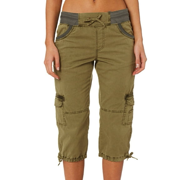 Clearance! Women's Cotton Linen Cargo Capri Pants Summer Loose Fit Cropped Casual Multi Pocket Outdoor Sports Comfortable Lightweight Trousers L Size Yellow