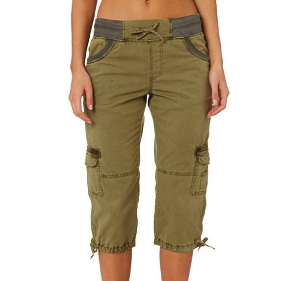 Clearance! Women's Cotton Linen Cargo Capri Pants Summer Loose Fit Cropped Casual Multi Pocket Outdoor Sports Comfortable Lightweight Trousers L Size Yellow