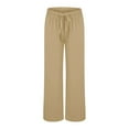 thumbnail image 1 of Women's Cotton Linen Pants Elastic Waist Wide Leg Loose Trousers With Pockets Casual Comfortable Pants Khaki XL Size, 1 of 6