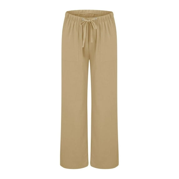 Women's Cotton Linen Pants Elastic Waist Wide Leg Loose Trousers With Pockets Casual Comfortable Pants Khaki XL Size