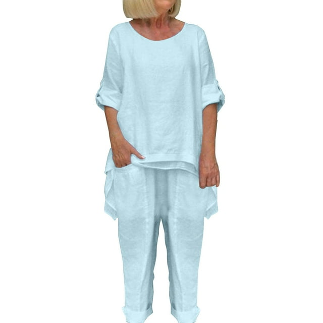 Clearance! Women's Cotton and Linen Wide Leg Two Piece Sequin Pantsuit