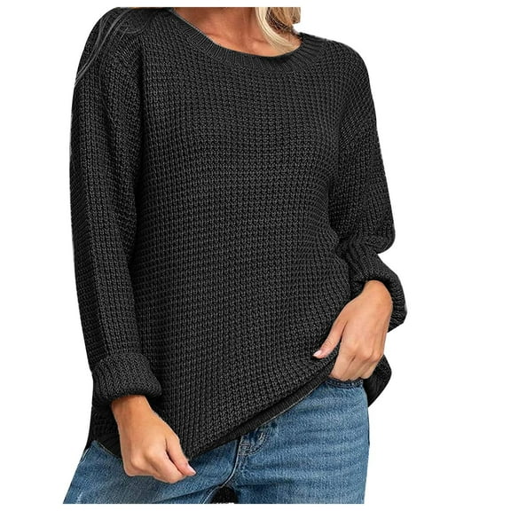 Women's Crochet Sweater Long Sleeve Comfy Crewneck Casual Loose Solid Pullover Knit Tops Classic Vintage Knits Shirts