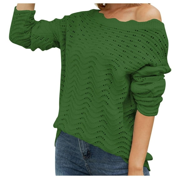 Women's Cute Knitted Sweaters Long Sleeve Scalloped Round Neck Mesh Hollow Out Tops Casual Loose Fall Solid Pullover Jumpers