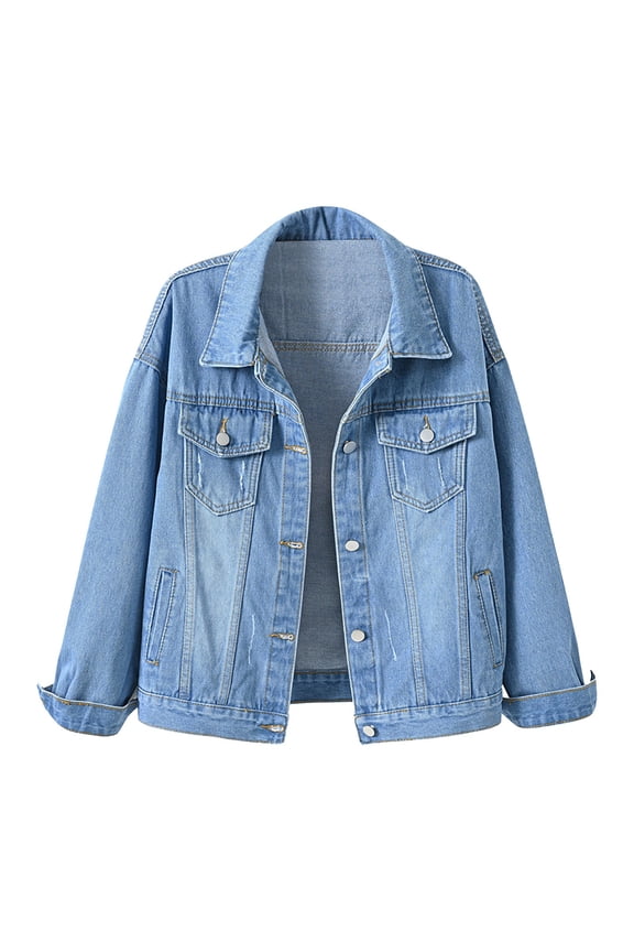 Clearance Women's Denim Jackets Denim Jacket for Women Distressed Jean Jackets Button Up Vintage Western Trucker Jacket Frayed Hem Pockets