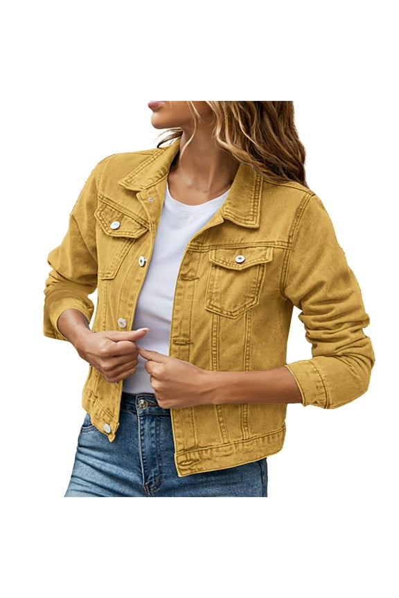 Clearance! Women's Denim Jackets Solid Color Long Sleeve Lapel Collar Button Cropped Denim Jacket Casual Classic Vintage Wash Denim Top with Pocket Jean Blouson Coat